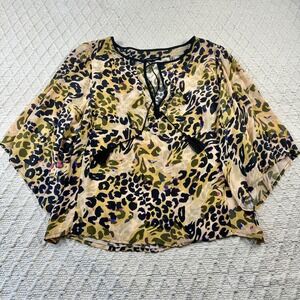 Nanette Lepore Leopard Print Tassel Tie V Neck Flutter Sleeve Blouse Top L
